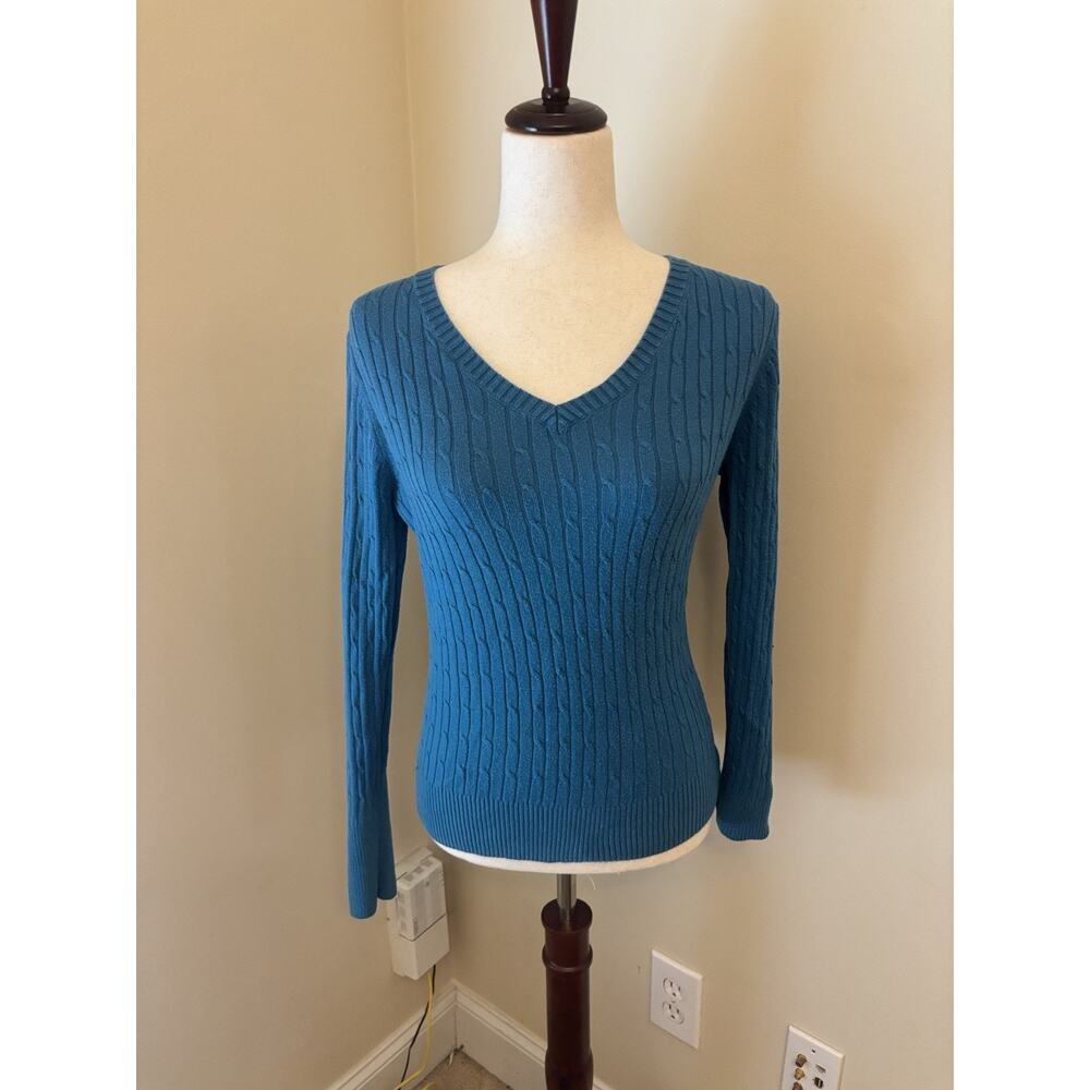 Merona Blue Cable Knit V-Neck Sweater Long-Sleeve Size S